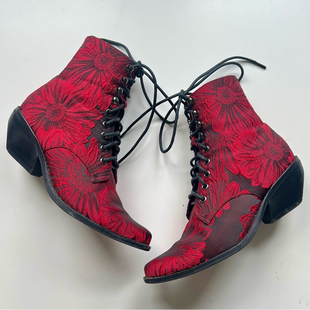 Jeffrey Campbell Elmcroft Lace Up Western Ankle Boot Floral Witchy Red